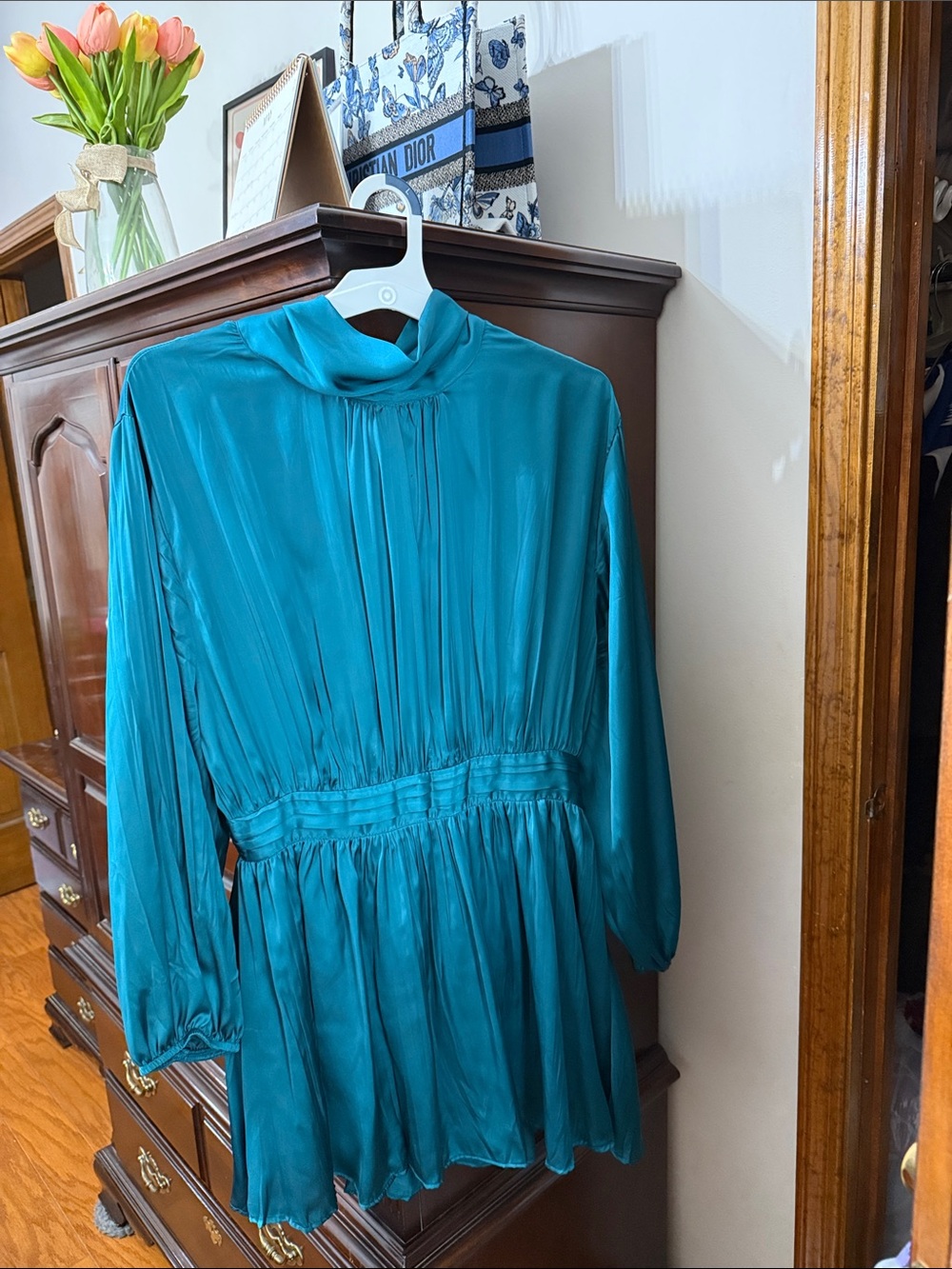 Zara Teal Long-Sleeve Pleated Satin Tunic